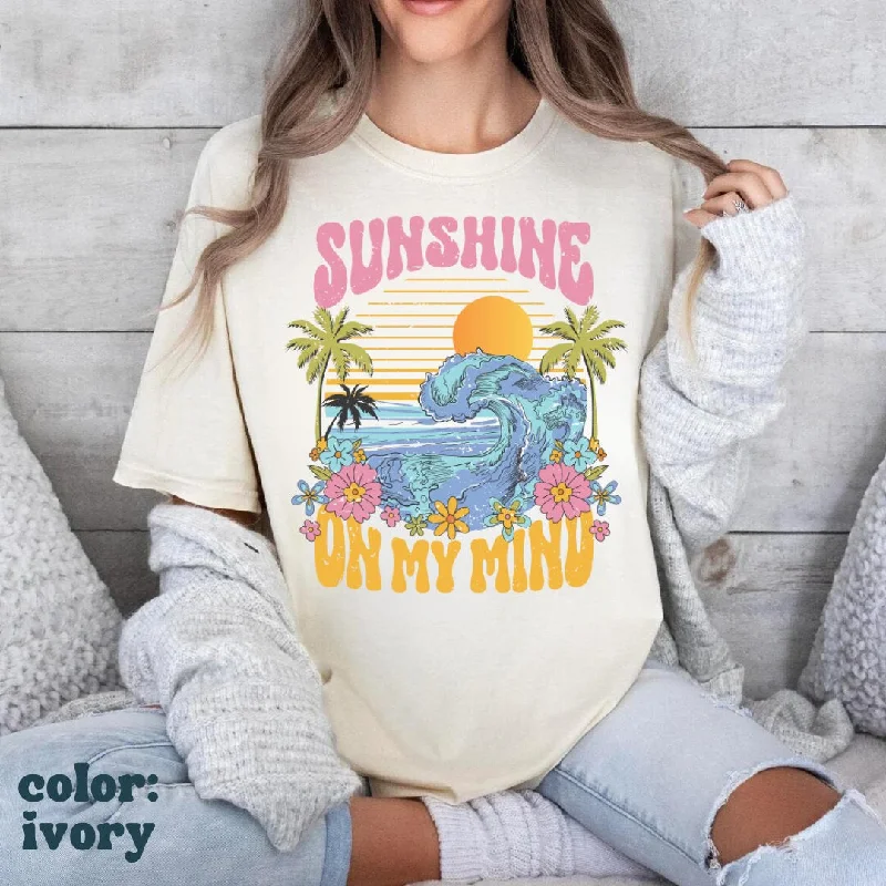 Sunshine on My Mind Beach Tee - Sunshine Aesthetic - Summer Beach Tee - Comfort Colors Oversized Women's Tee Embroidered Appliqued Beaded