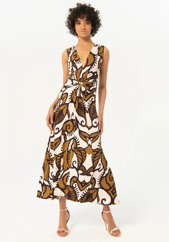 Surkana Twisted Waist Print Maxi Dress, Khaki Trendy Fit-and-Flare Maxi Dress