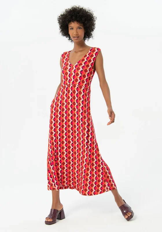 Surkana Tie Back Print Maxi Dress, Fuchsia Trendy Button Front Maxi Dress