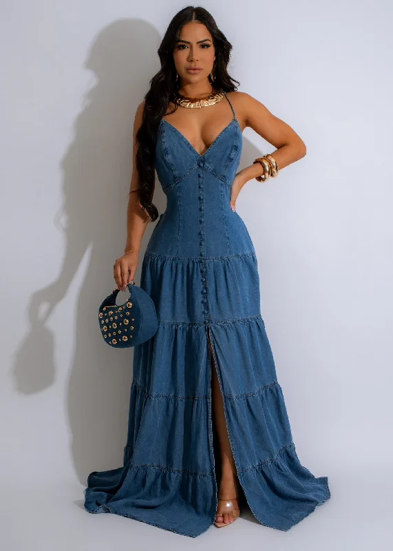 Sweet Girl Denim Maxi Dress Dark Denim Elegant Maxi Dress with Slit