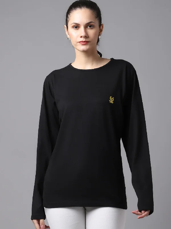 Vimal Jonney Cotton Black FullSleeve T-Shirt For Women Welt Pockets Slit Pockets Flap Pockets