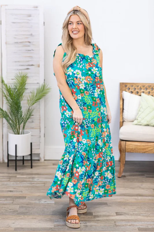 Teal Multicolor Floral Print Maxi Dress Chic Summer Floral Maxi Dress