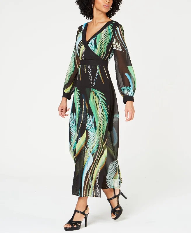 Thalia Sodi Palm Print Maxi Dress Comfortable Satin Maxi Dress