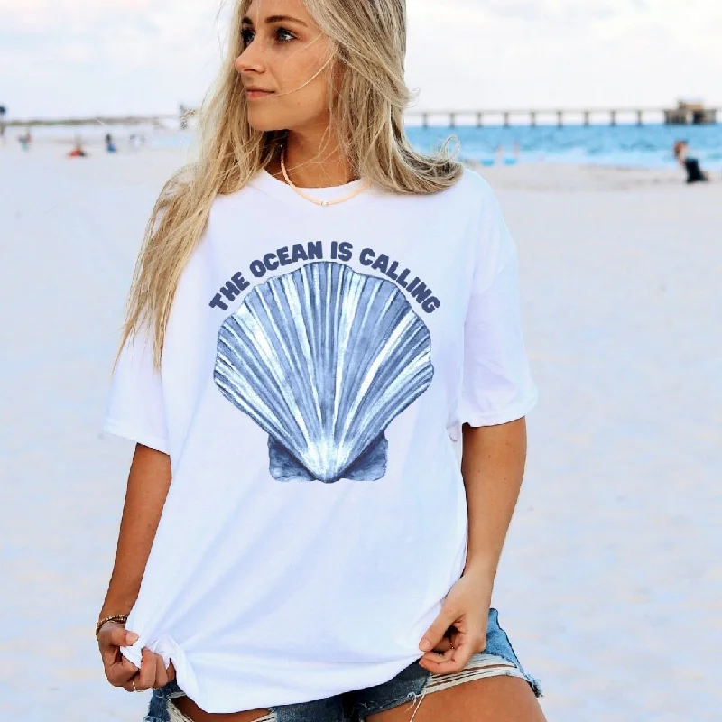 The Ocean is Calling Beach Seashell Tee - Watercolor Beach Tee - Seashell Tee - Mermaidcore - Ocean Aesthetic - Bella Canvas Unisex Tee Elegant Classic Vintage