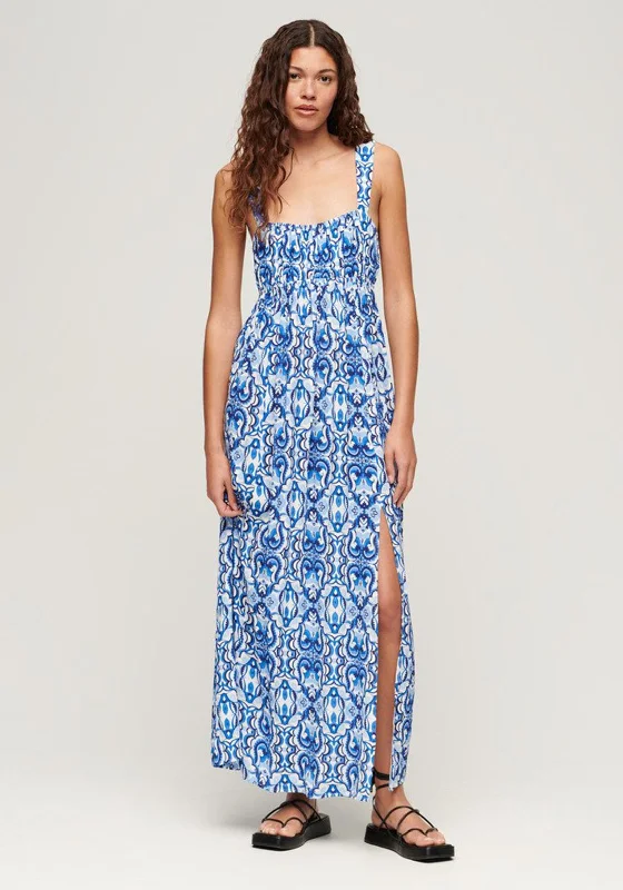 Superdry Tie Back Print Maxi Dress, Tile Print Blue Elegant Floral Maxi Dress