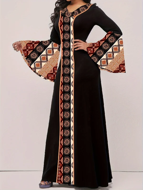 Tribal Print Patchwork Waist Maxi Dress, Elegant Flared Long Sleeve V-neck Comfortable Ruffle Hem Maxi Dress