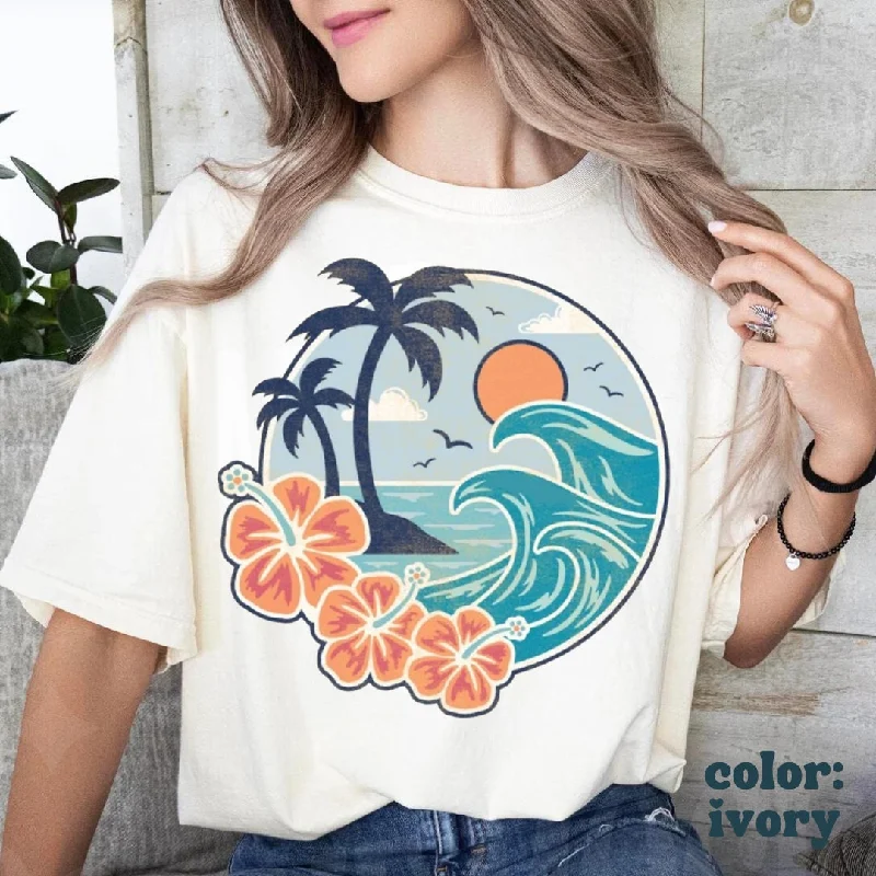 Tropical Waves Beach Tee - Summer Aesthetic - Hawaiian Beach Tee - Oversized Beach Girls Tee - Comfort Colors Unisex Tee Cozy Warm Stylish