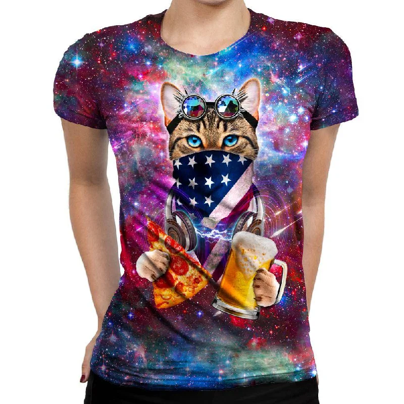 USA Rave Cat Womens T-Shirt Satin Blend Silk Blend Wool Blend