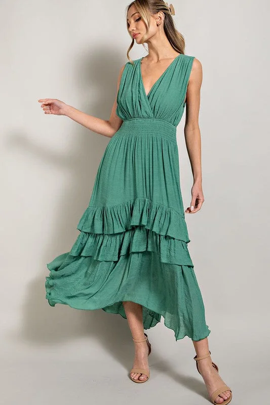 V NECK RUFFLE MAXI DRESS Cozy Spaghetti Strap Maxi Dress