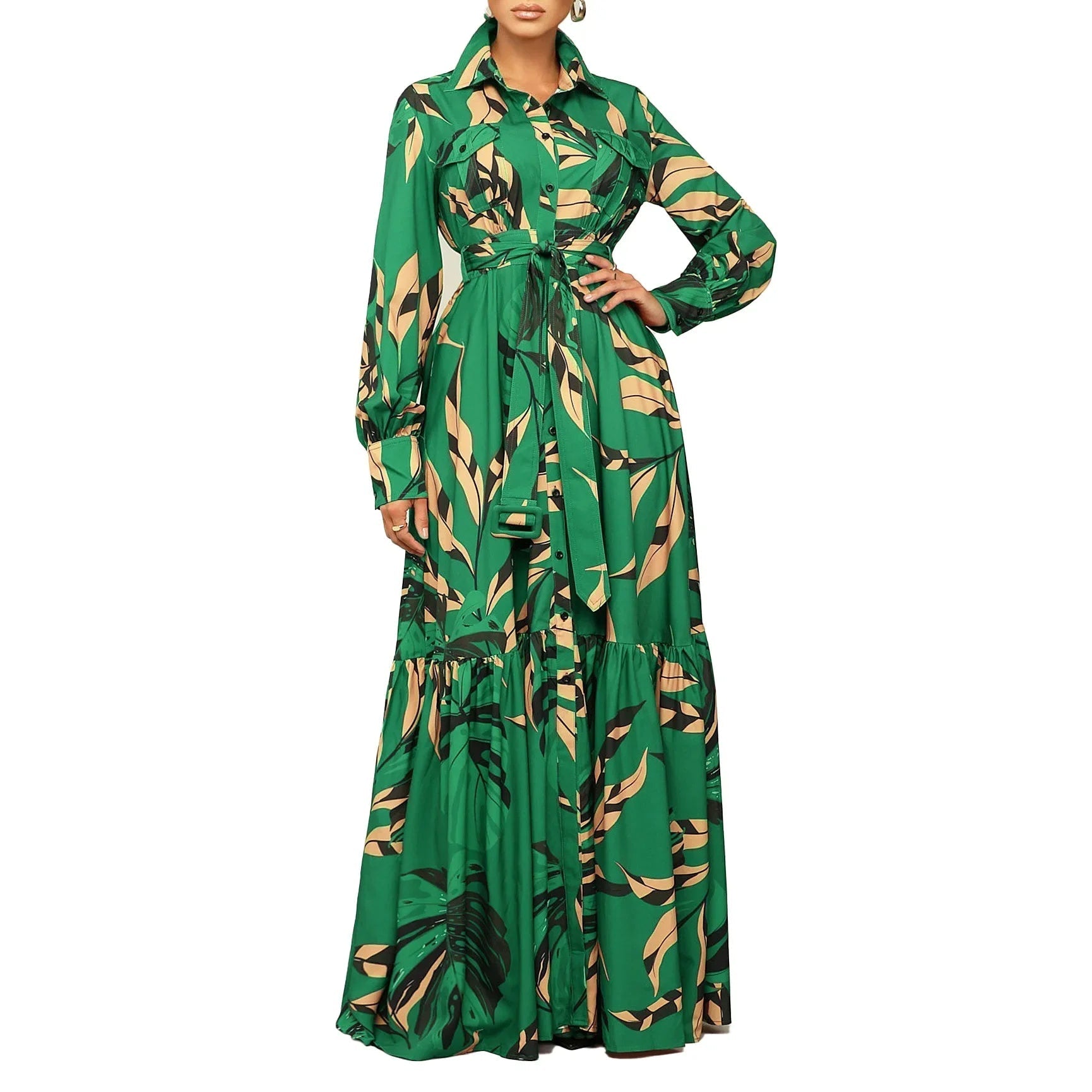 Vibrant Dashiki African Maxi Dress: Red Green Polyester Spring Long Sleeve V-neck Print Cozy Ruffle Sleeve Maxi Dress