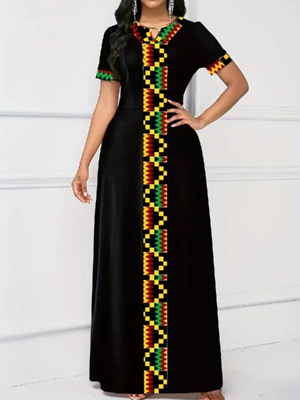 Vibrant Ethnic Print Maxi Dress - Chic Keyhole Detail, Relaxed Crew Neck, Short Sleeves, Flowy Floor-Sweeping Style Stylish Button-Up Maxi Dress