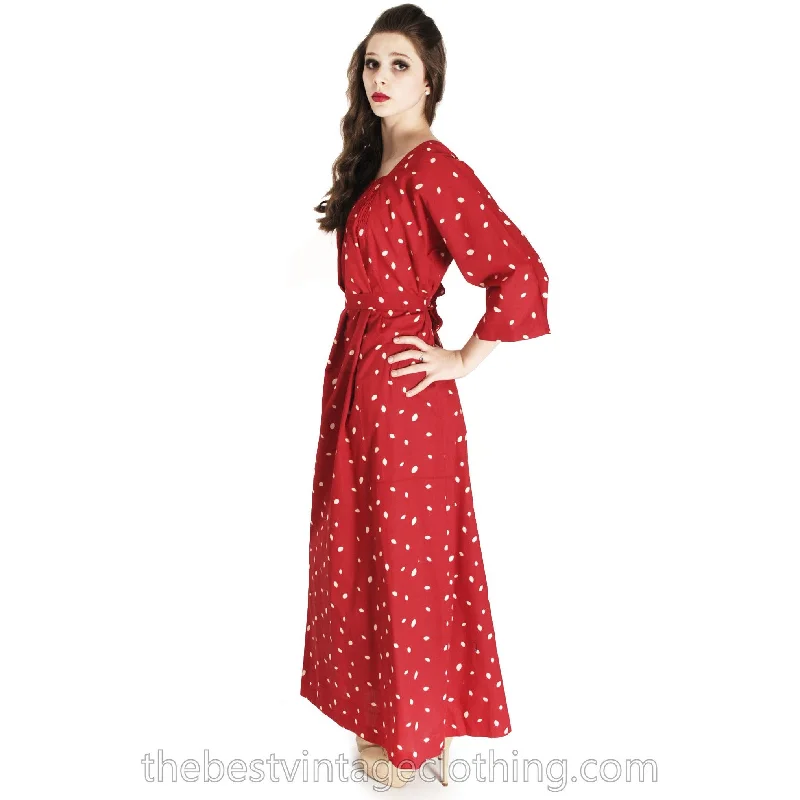 Vintage 1974 Marimekko Red Polka Dot Maxi Dress Designer Small Cotton Elegant Lace Maxi Dress