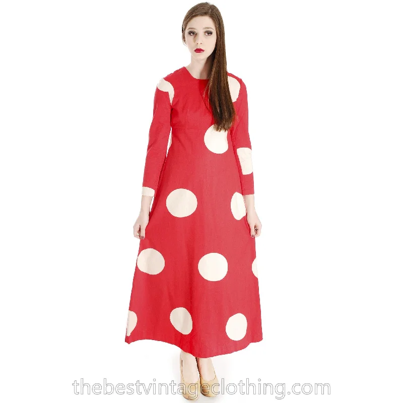 Vtg 1970s Kaisu Heikkilä Maxi Dress Vuokko Designer Fabric Red Polka Dot Maxi Fashionable High-Low Maxi Dress