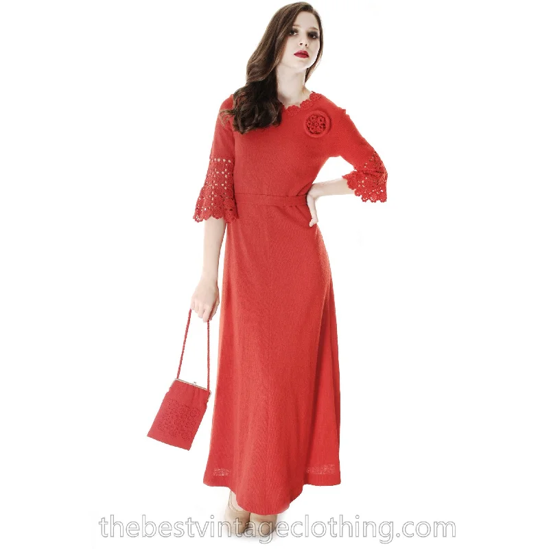 Vtg Finnish Red Wool Knitted Maxi Dress & Matching Bag 1970s Punainen Rukki Cozy Ruffle Sleeve Maxi Dress