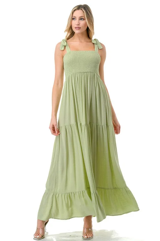 Women Smocked Top with Tiered Bottom Maxi Dress *Online Only* Trendy Maxi Dress with Lace