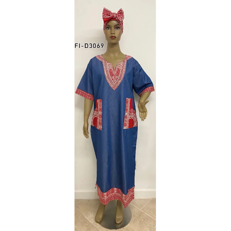 African Women's Dashiki Short Sleeve Denim Maxi Dress - FI-3069 Fashionable Chiffon Tiered Maxi Dress