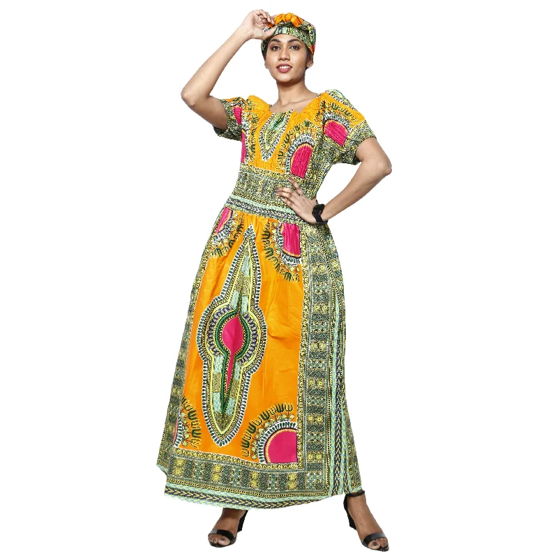 Women's Dashiki Smocking Short Sleeve Maxi Dress -- FI-5007 Elegant Wraparound Maxi Dress