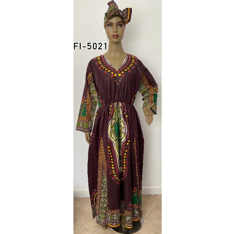 Women's Dashiki V-Neck Long Sleeve Maxi Dress - FI-D5021 Trendy Floral Print Maxi Dress