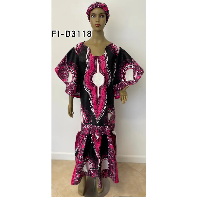 Women's Dashiki Wide Frill Sleeve Maxi Dress - FI-D3118 Elegant Maxi Dress with Ruffles