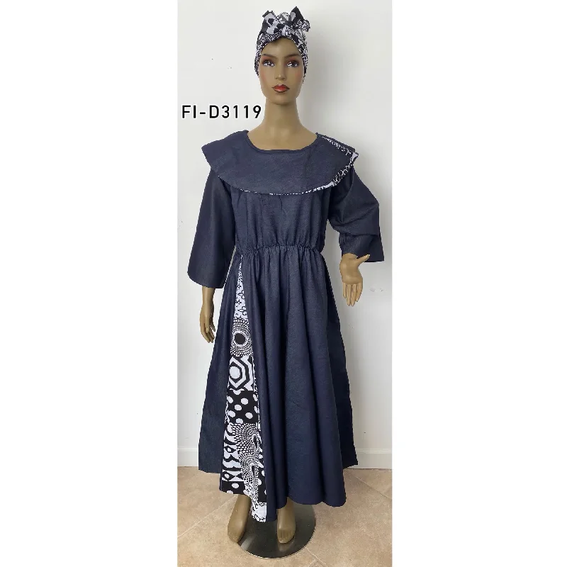 Women's Denim Printed Long Sleeve Maxi Dress - FI-D3119 Trendy Maxi Dress with Lace