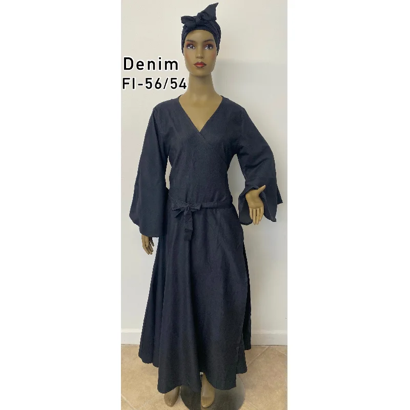 Women's Long Sleeve Denim Wrap Maxi Dress - FI-56/54 SOLID DENIM Comfortable Ruffle Hem Maxi Dress