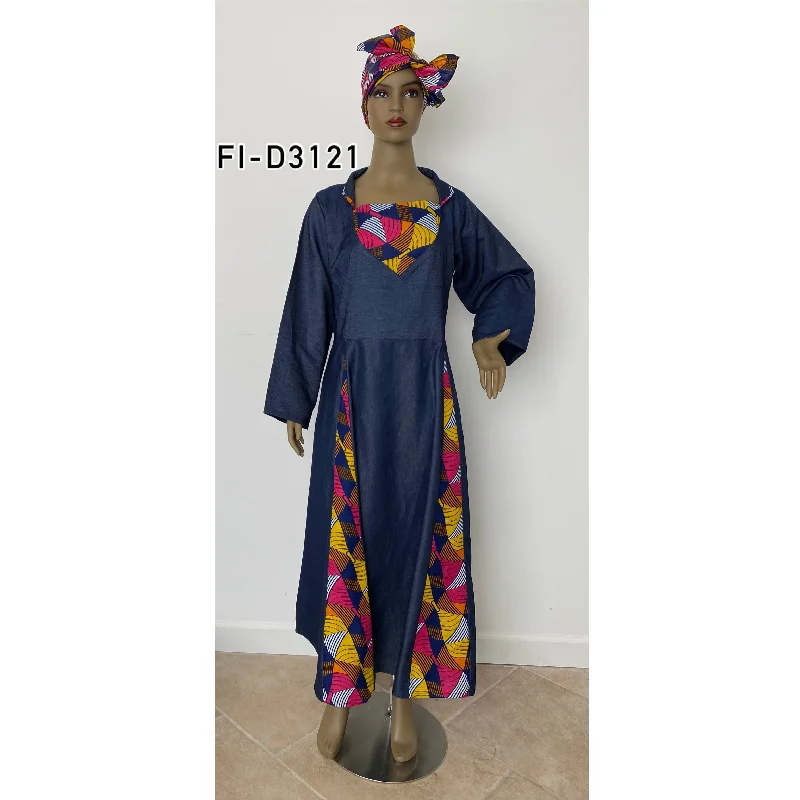 Women's Denim Long Sleeve Maxi Dress with Print - FI-D3121 Fashionable High-Waist Maxi Dress