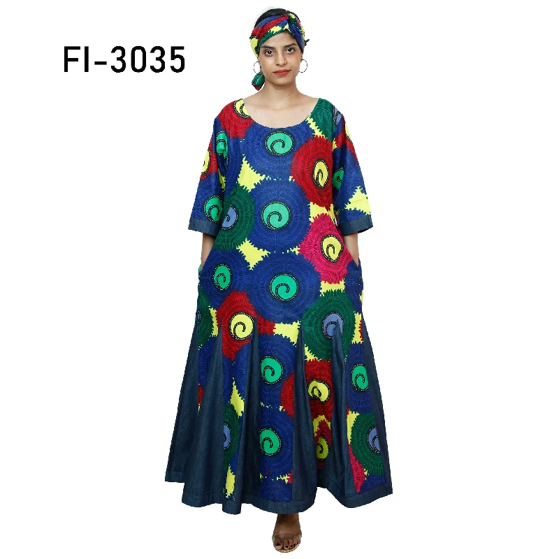 Women's Printed and Denim Long Sleeve Maxi Dress -- FI-3035 Comfortable Bohemian Maxi Dress