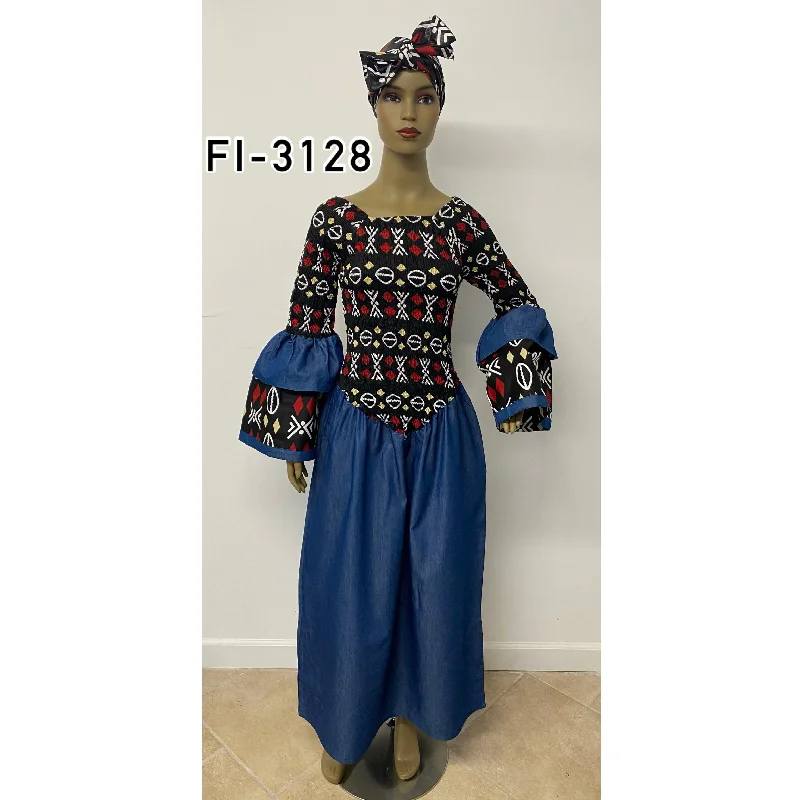 Women's Smocking Printed Denim Maxi Dress With Border - FI-3128 Classic Tulle Maxi Dress