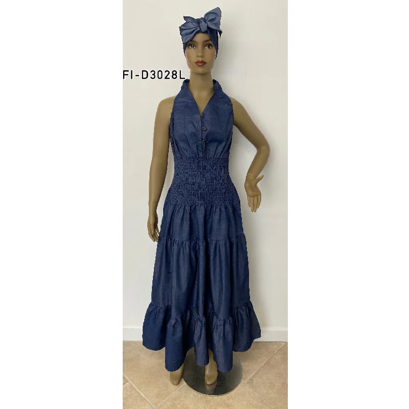 Women's Denim Halter Button Down Smocking Maxi Dress - FI-D3028L Cozy Wrap Maxi Dress