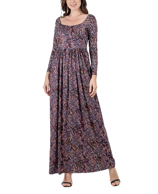 Women's Floral Long Sleeve Pleated Maxi Dress Comfortable Ruffle Hem Maxi Dress