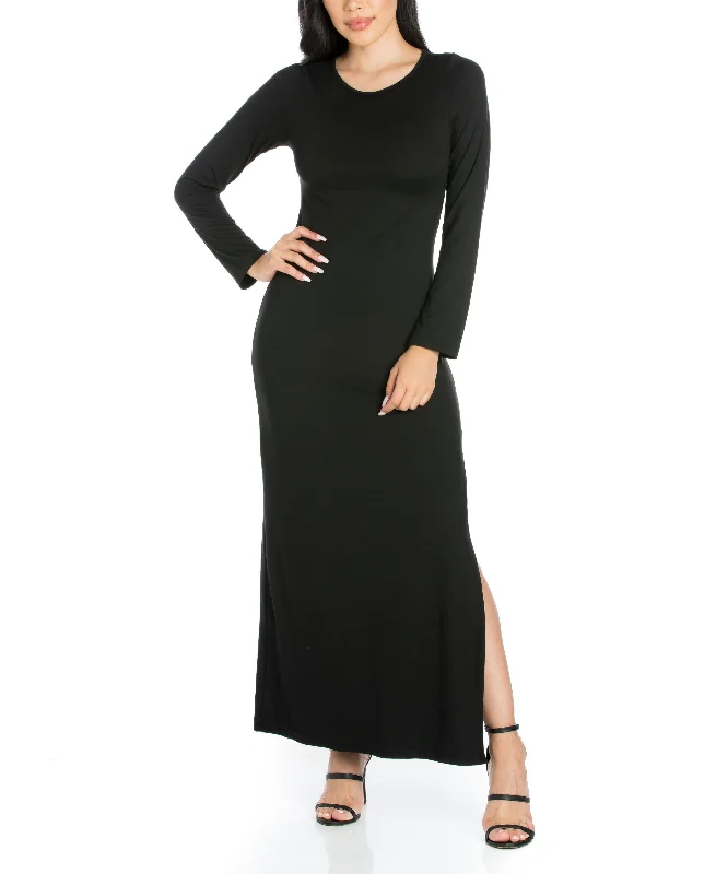 Womens Long Sleeve Side Slit Fitted Maxi Dress Classic Black Maxi Dress