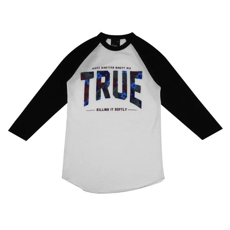 Womens True Floral 2 Raglan T-Shirt White/Black Striped Floral Plaid