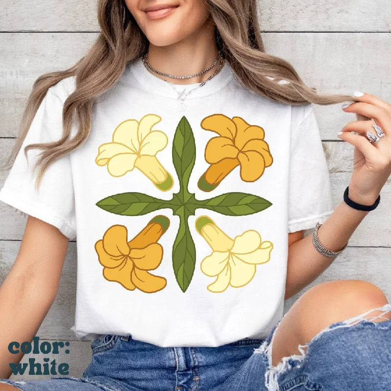 Yellow Hawaiian Quilt Beach Tee - Hawaiian Floral Tee - Trendy Oversized Beach Tee - Comfort Colors Unisex Oversized Tee Notch Collar Peter Pan Collar Cowl Neck