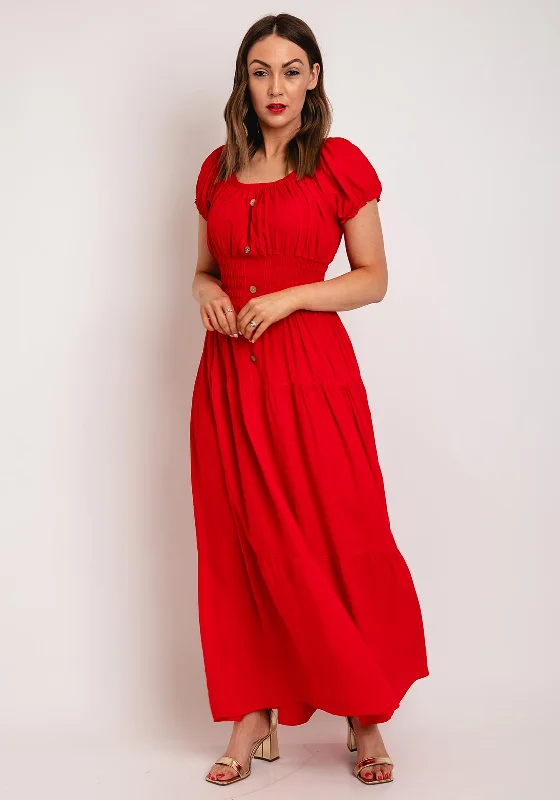 Serafina Collection One Size Shirred Waist Maxi Dress, Red Chic Button-Up Maxi Dress