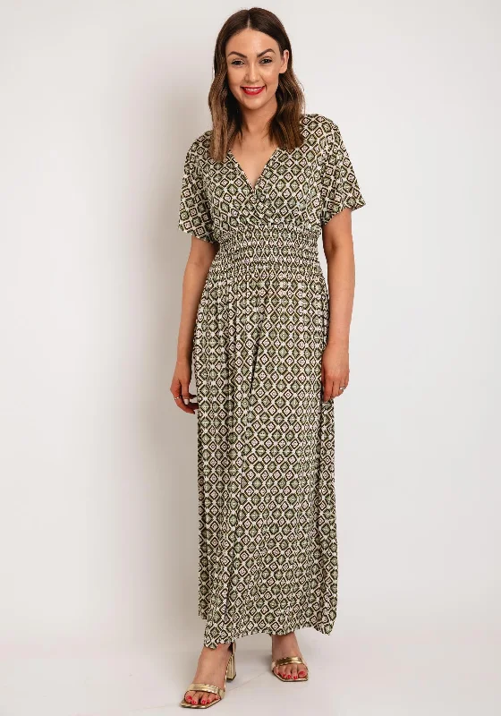 Serafina Collection Diamond Pattern Maxi Dress, Green Elegant Maxi Dress with Ruffles