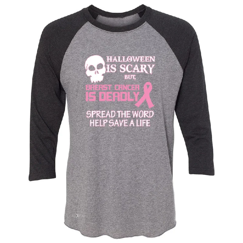 Zexpa Apparelâ„¢ Halloween is Scary but Beast is Cancer Deadly 3/4 Sleevee Raglan Tee   Tee Print Jacquard Patchwork