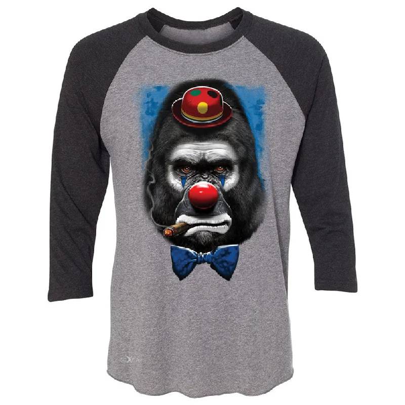 Zexpa Apparelâ„¢ Gorilla Clown Sad Scary 3/4 Sleevee Raglan Tee Halloween Costume Event Tee Collared Crew Neck Turtle Neck