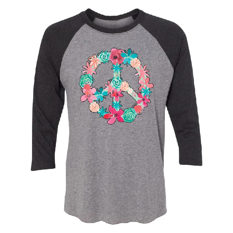 Zexpa Apparel™ Floral Peace Sign Garden Nature 3/4 Raglan Tee Elegant Classic Vintage