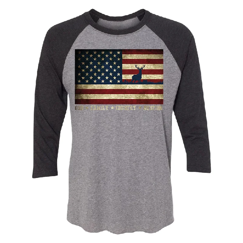 Zexpa Apparel™ God Family Country Hunting American Flag 3/4 Raglan Tee Sequined Glittery Shiny