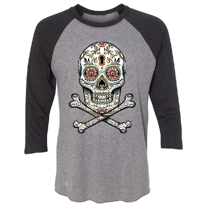 Zexpa Apparelâ„¢ Floral Skull 3/4 Sleevee Raglan Tee Dia de Muertos Sugar Day of The Dead Tee Boxy Fit Fitted Loose