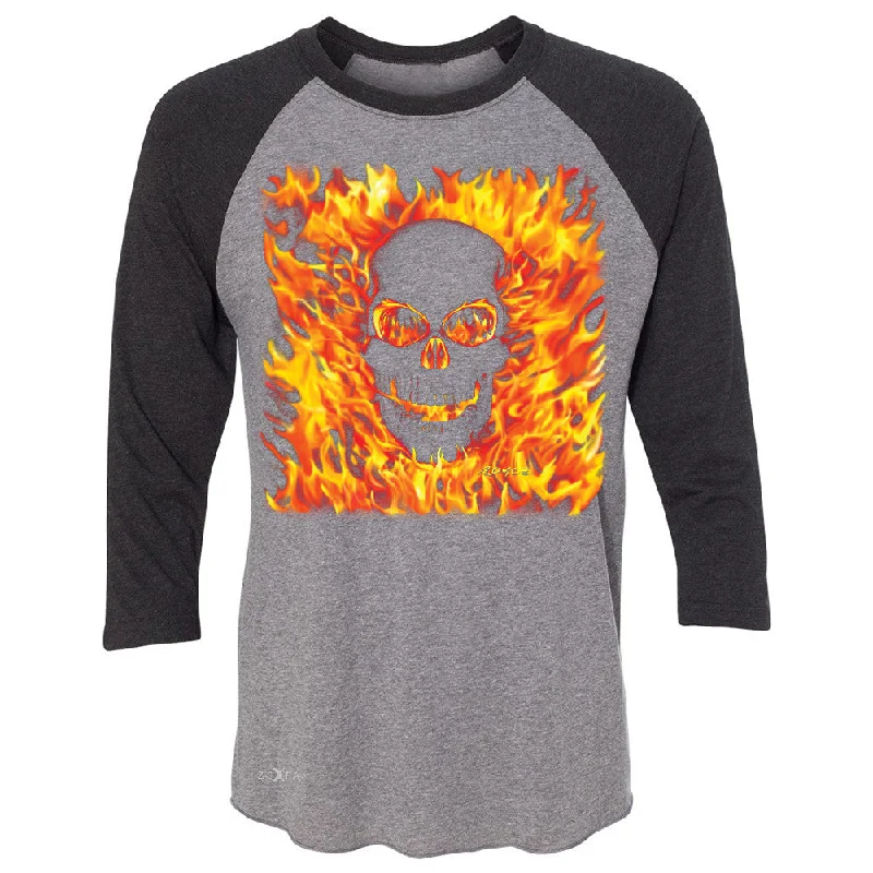 Zexpa Apparelâ„¢ Fire Skull 3/4 Sleevee Raglan Tee Dia de Muertos Ghost Rider Biker Cool Tee Denim Fabric Leather Fabric Suede Fabric