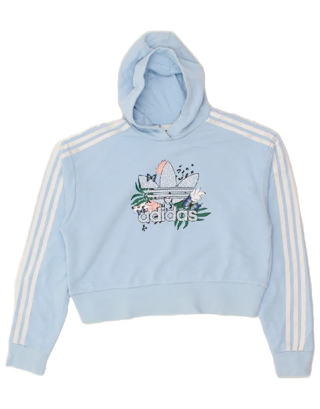 ADIDAS Girls Oversized Crop Graphic Hoodie Jumper 13-14 Years Blue Cotton Hoodie with High-Low Hem Asymmetrical Trendy