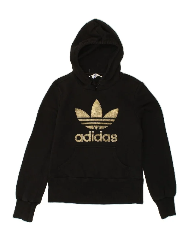 ADIDAS Womens Graphic Hoodie Jumper EU 34 XS Black Cotton Hoodie with Stripes Bold Sporty