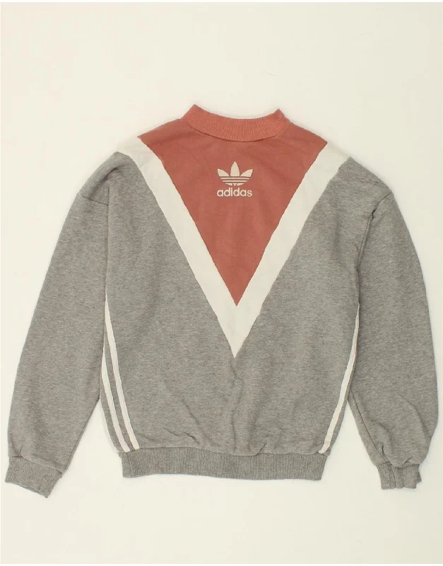 ADIDAS Womens Graphic Sweatshirt Jumper UK 4 XS Grey Colourblock Cotton Hoodie with Hem Elastic Stretchable Comfortable