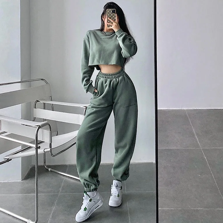 Alice Solid Color Cropped Long Sleeve Sweatshirt High Waist Sweatpants Matching Set Hoodie with Hem Lace Feminine Delicate