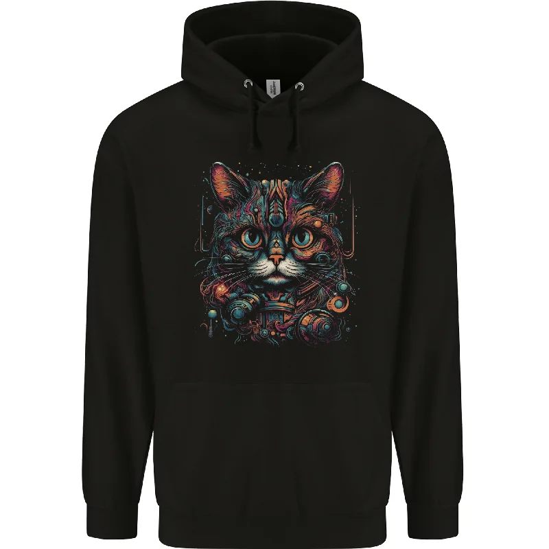 Astral Cat With Fantasy Tribal Markings Mens 80% Cotton Hoodie Hoodie with Sequins Glamorous Eye-catching