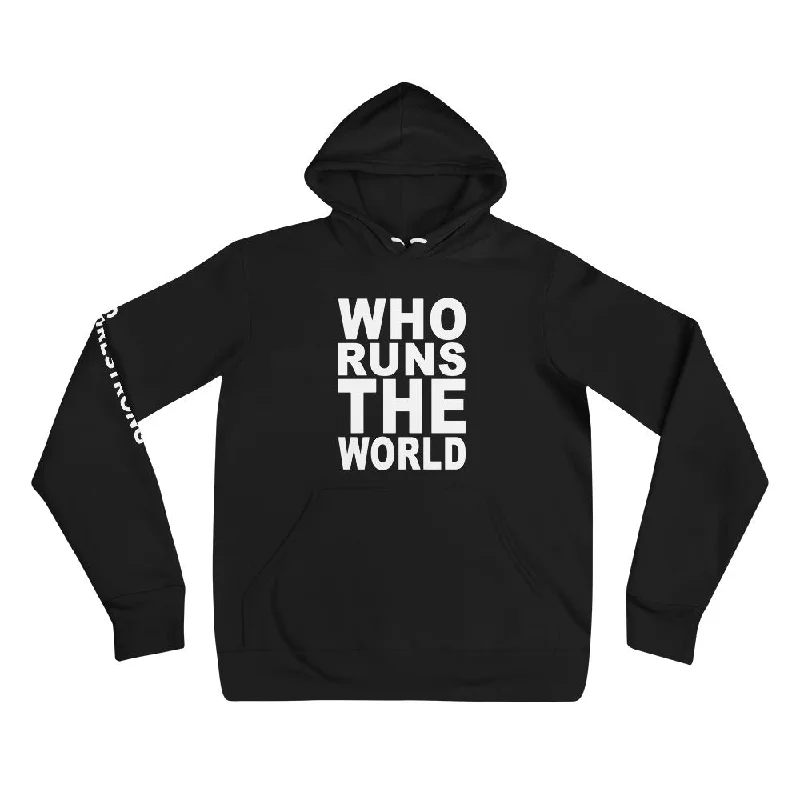 EVERYDAY FLEECE, COZY CHIC HOODIE BLACK - WHO RUNS THE WORLD Hoodie with Hem Elastic Stretchable Comfortable