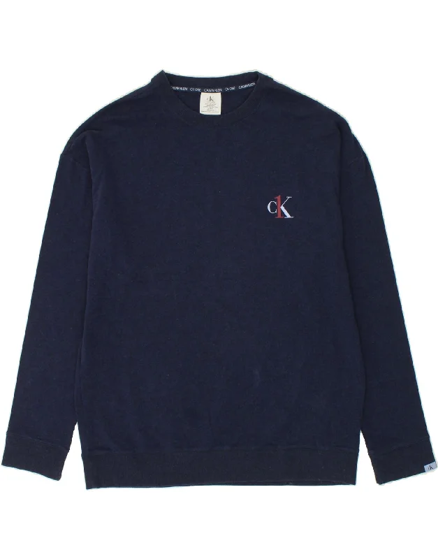 CALVIN KLEIN Mens Sweatshirt Jumper XL Navy Blue Cotton Hoodie with Raw Hem Edgy Unfinished