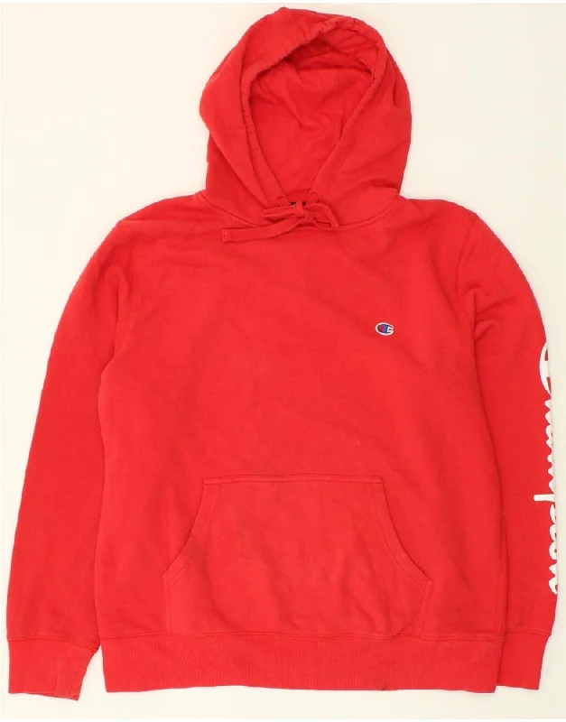 CHAMPION Mens Graphic Hoodie Jumper XL Red Cotton Hoodie with Elastic Cuffs Stretchable Comfortable