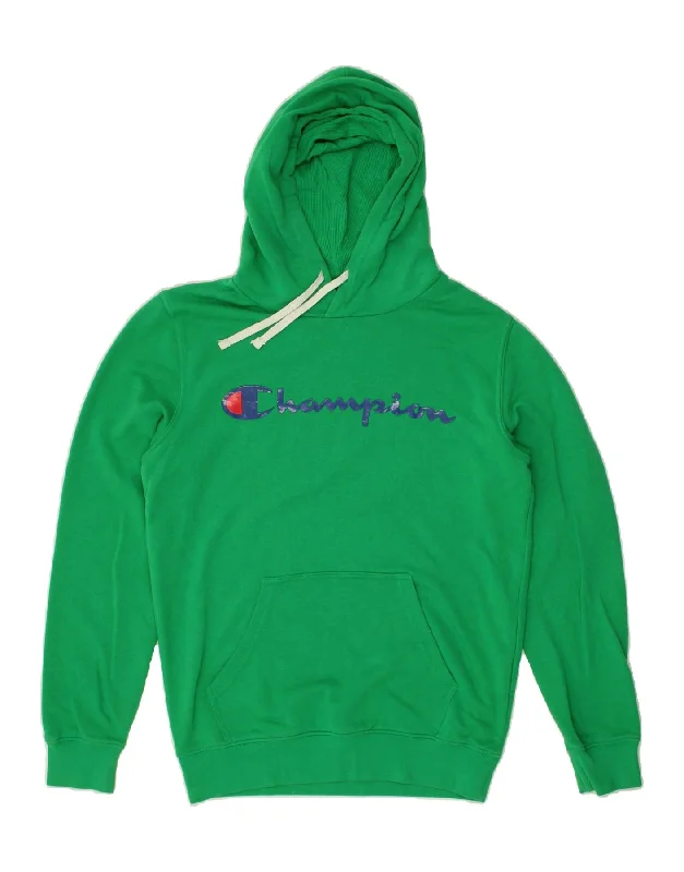 CHAMPION Mens Rochester Graphic Hoodie Jumper Small Green Cotton Hoodie with Mock Neck Collared Structured